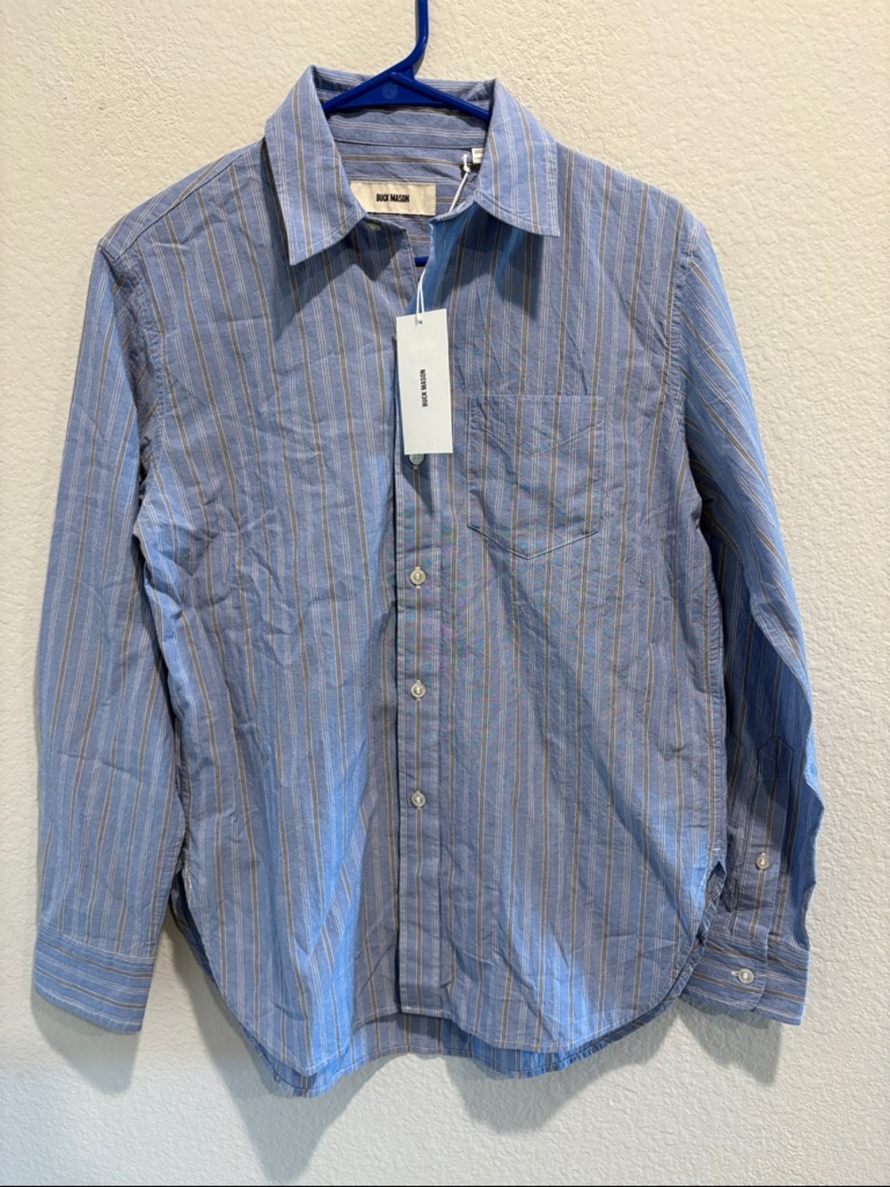 NWT Buck Mason Blue/Ochre Fleetwood Stripe Button Down XS (Fits S/M) Flaw